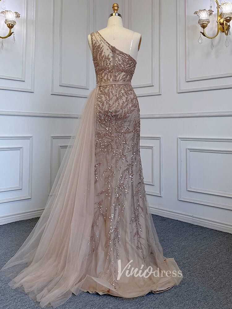 Beaded One Shoulder Prom Dresses with Slit Sheath Evening Gowns 20016-Evening Dresses 2025 -Viniodress-Silver-US 2-