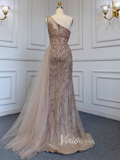 Beaded One Shoulder Prom Dresses with Slit Sheath Evening Gowns 20016-Evening Dresses 2025 -Viniodress-Silver-US 2-