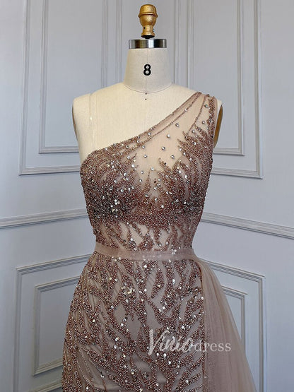 Beaded One Shoulder Prom Dresses with Slit Sheath Evening Gowns 20016-Evening Dresses 2025 -Viniodress-Silver-US 2-