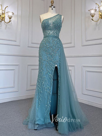 Beaded One Shoulder Prom Dresses with Slit Sheath Evening Gowns 20016-Evening Dresses 2025 -Viniodress-Teal-US 2-