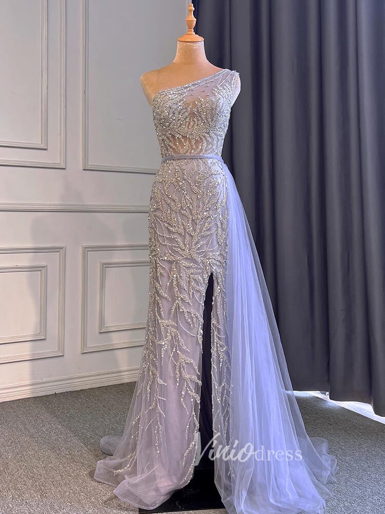 Beaded One Shoulder Prom Dresses with Slit Sheath Evening Gowns 20016-Evening Dresses 2025 -Viniodress-Lavender-US 2-