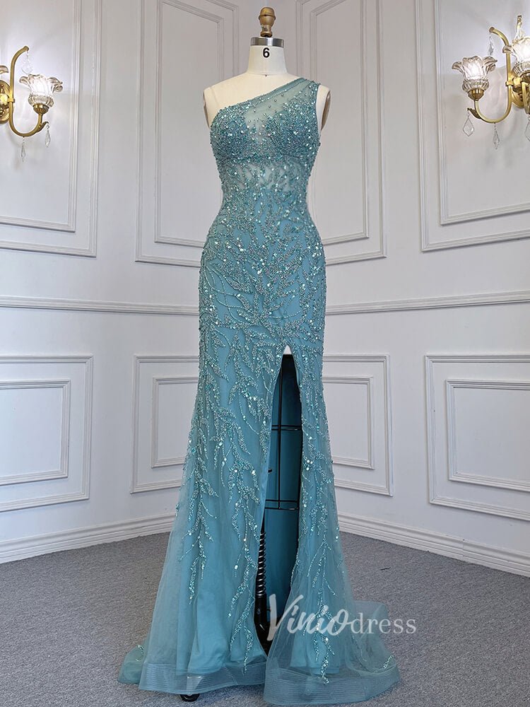 Beaded One Shoulder Prom Dresses with Slit Sheath Evening Gowns 20016-Evening Dresses 2025 -Viniodress-Silver-US 2-