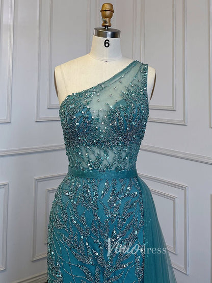 Beaded One Shoulder Prom Dresses with Slit Sheath Evening Gowns 20016-Evening Dresses 2025 -Viniodress-Silver-US 2-