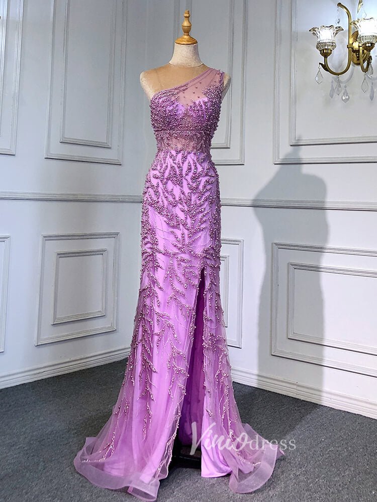 Beaded One Shoulder Prom Dresses with Slit Sheath Evening Gowns 20016-Evening Dresses 2025 -Viniodress-Silver-US 2-