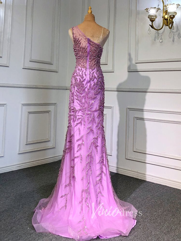 Beaded One Shoulder Prom Dresses with Slit Sheath Evening Gowns 20016-Evening Dresses 2025 -Viniodress-Silver-US 2-