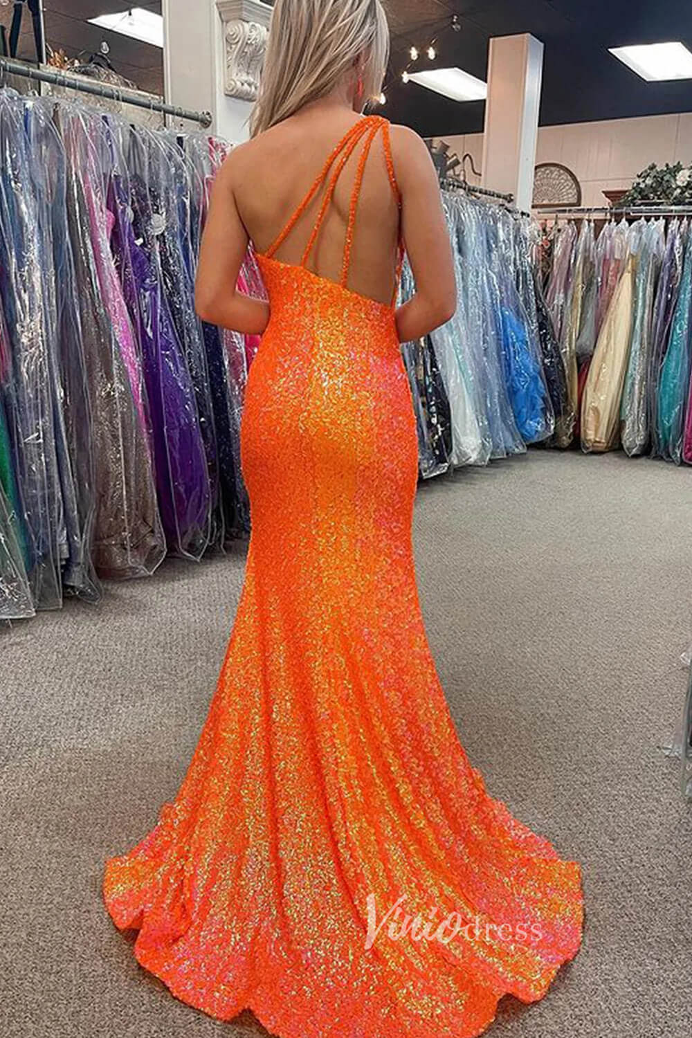 Prom Dress 2025 Beaded One Shoulder Sequin Prom Dresses with Slit Orange Mermaid Evening Dress FD3508-unique prom dresses-Orange-Custom Size-Viniodress