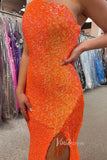 Prom Dress 2025 Beaded One Shoulder Sequin Prom Dresses with Slit Orange Mermaid Evening Dress FD3508-unique prom dresses-Orange-Custom Size-Viniodress