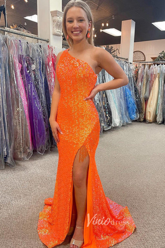 Beaded One Shoulder Sequin Prom Dresses with Slit Orange Mermaid Evening Dress FD3508 - Viniodressprom dressesOrangeCustom Size - Formal Dresses - Ball Gowns