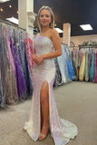 Prom Dress 2025 Beaded One Shoulder Sequin Prom Dresses with Slit Orange Mermaid Evening Dress FD3508-unique prom dresses-White-Custom Size-Viniodress