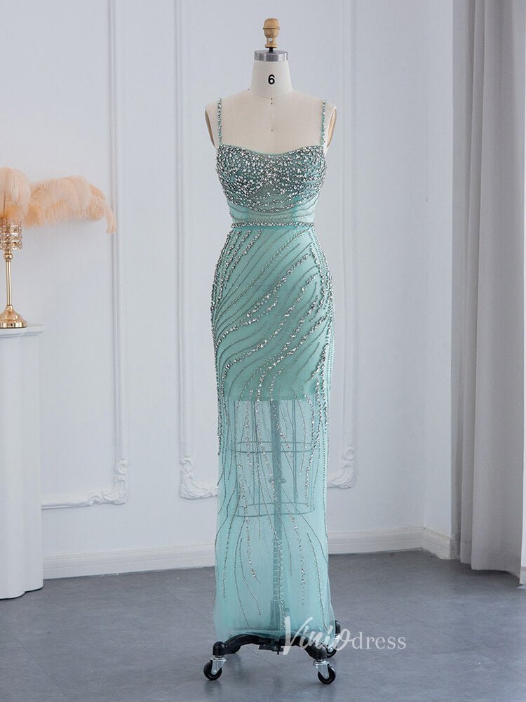 Beaded Orange Evening Dress Spaghetti Strap Sheath Prom Dresses 20094-Evening Dresses 2025 -Viniodress-Blue-US 2-