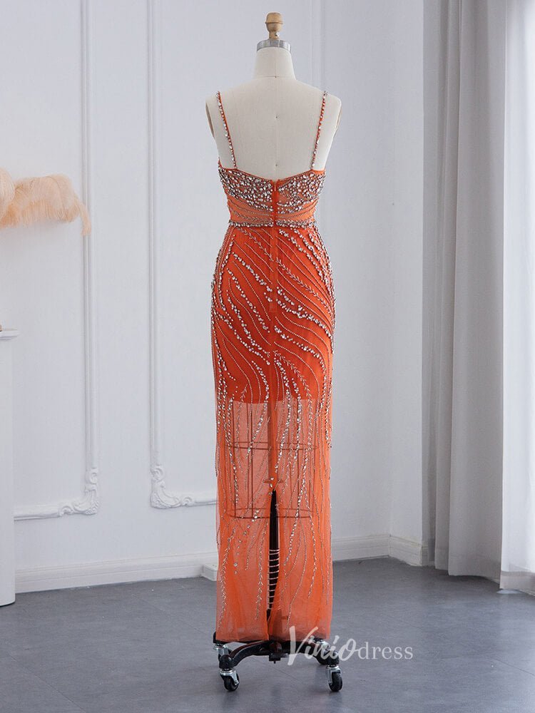 Beaded Orange Evening Dress Spaghetti Strap Sheath Prom Dresses 20094-Evening Dresses 2025 -Viniodress-Orange-US 2-