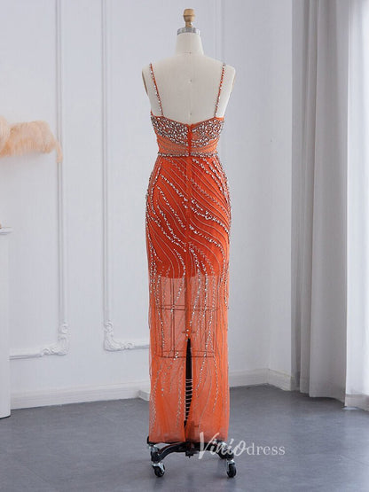 Beaded Orange Evening Dress Spaghetti Strap Sheath Prom Dresses 20094-Evening Dresses 2025 -Viniodress-Orange-US 2-