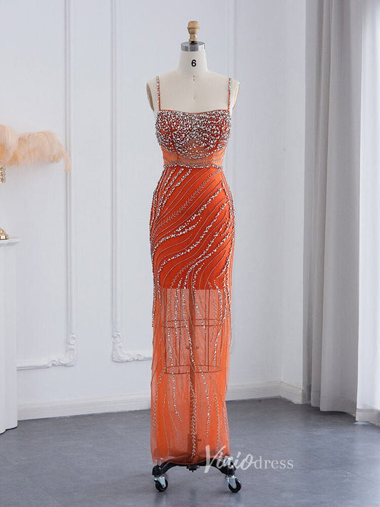 Beaded Orange Evening Dress Spaghetti Strap Sheath Prom Dresses 20094 - ViniodressEvening DressesOrangeUS 2 - Formal Dresses - Ball Gowns