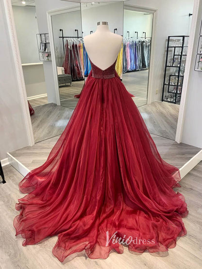 Beaded Orange Long Prom Dresses Strapless Formal Gown FD1797-prom dresses 2025 -Viniodress-Burgundy-Custom Size-