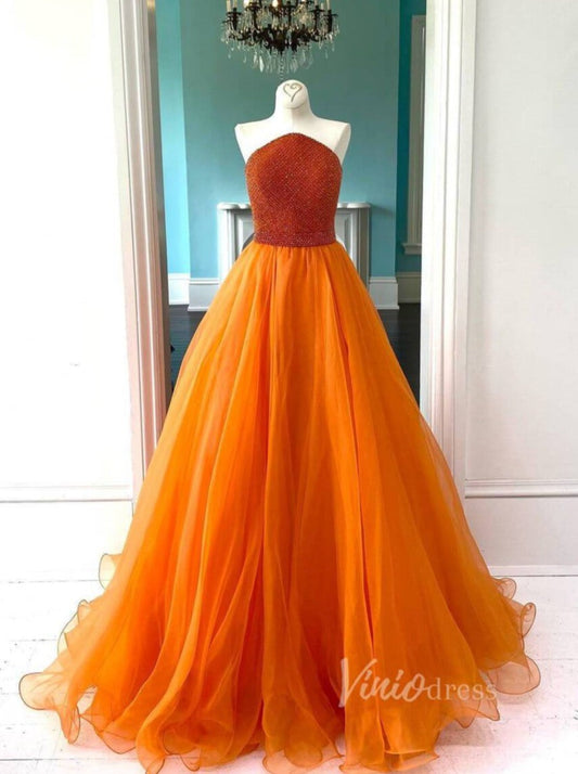 Beaded Orange Long Prom Dresses Strapless Formal Gown FD1797-prom dresses 2025 -Viniodress-Orange-Custom Size-