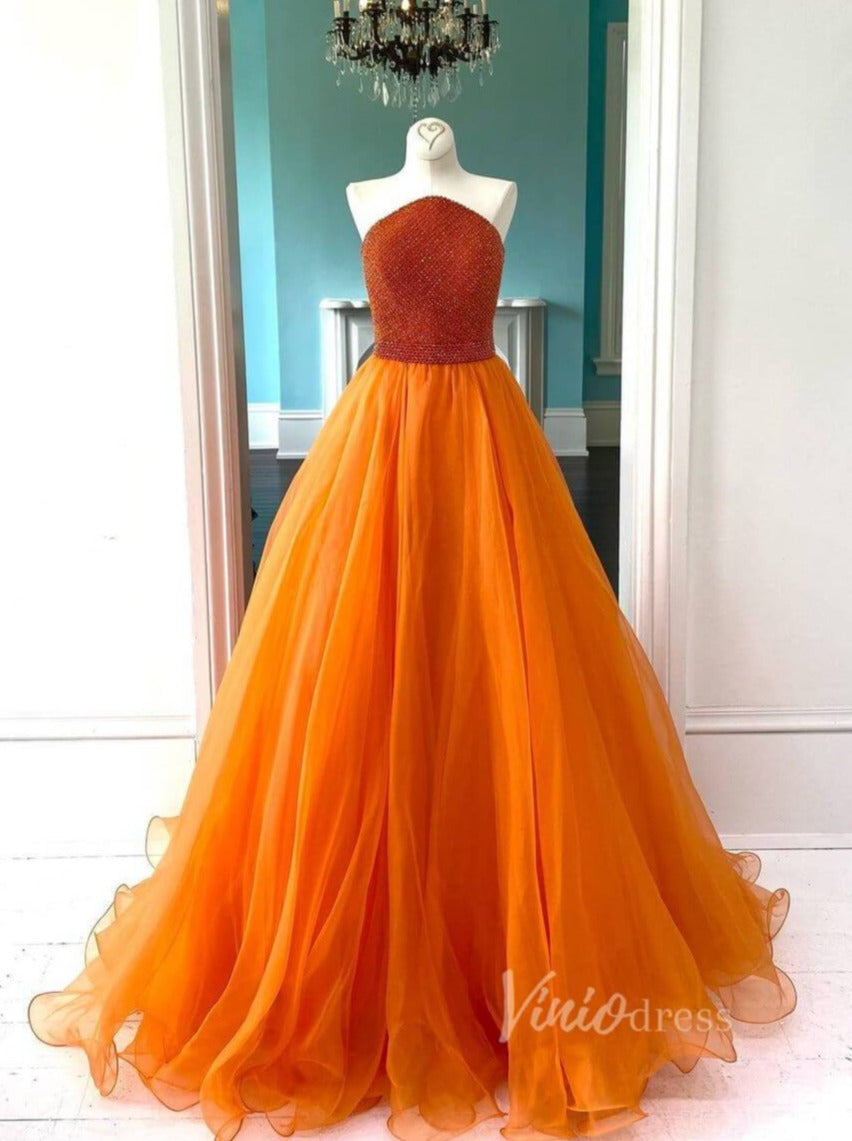 Prom Dress 2025 Beaded Orange Long Prom Dresses Strapless Formal Gown FD1797-unique prom dresses-Orange-Custom Size-Viniodress