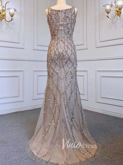 Beaded Overskirt Sheath Evening Dress with Slit 20033-Evening Dresses 2025 -Viniodress-As Picture-US 2-