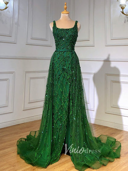 Beaded Overskirt Sheath Evening Dress with Slit 20033-Evening Dresses 2025 -Viniodress-Green-US 2-