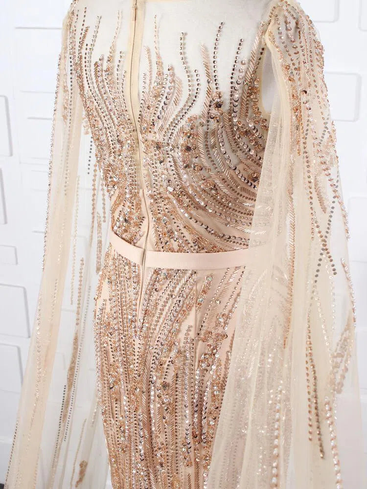 Beaded Pageant Dresses with Detachable Cape Sleeve FD1476-Evening Dresses 2025 -Viniodress-Gold-US2-