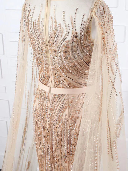 Beaded Pageant Dresses with Detachable Cape Sleeve FD1476-Evening Dresses 2025 -Viniodress-Gold-US2-