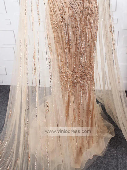 Beaded Pageant Dresses with Detachable Cape Sleeve FD1476-Evening Dresses 2025 -Viniodress-Gold-US2-