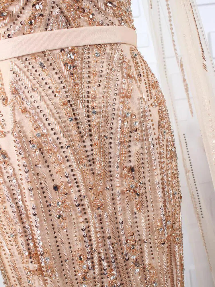 Beaded Pageant Dresses with Detachable Cape Sleeve FD1476-Evening Dresses 2025 -Viniodress-Gold-US2-