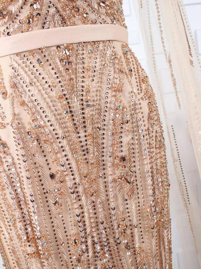Beaded Pageant Dresses with Detachable Cape Sleeve FD1476-Evening Dresses 2025 -Viniodress-Gold-US2-