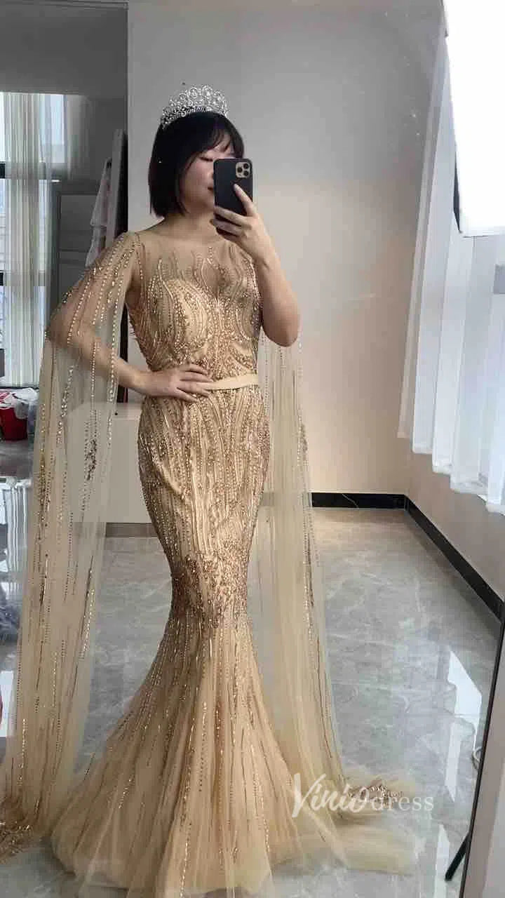 Beaded Pageant Dresses with Detachable Cape Sleeve FD1476-Evening Dresses 2025 -Viniodress-Gold-US2-