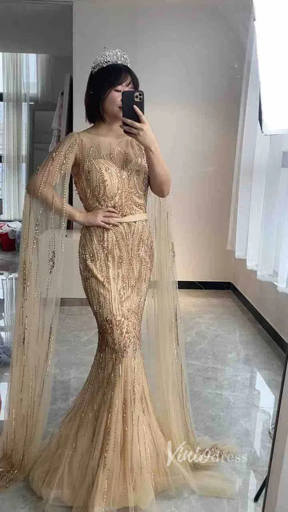 Beaded Pageant Dresses with Detachable Cape Sleeve FD1476-Evening Dresses 2025 -Viniodress-Gold-US2-