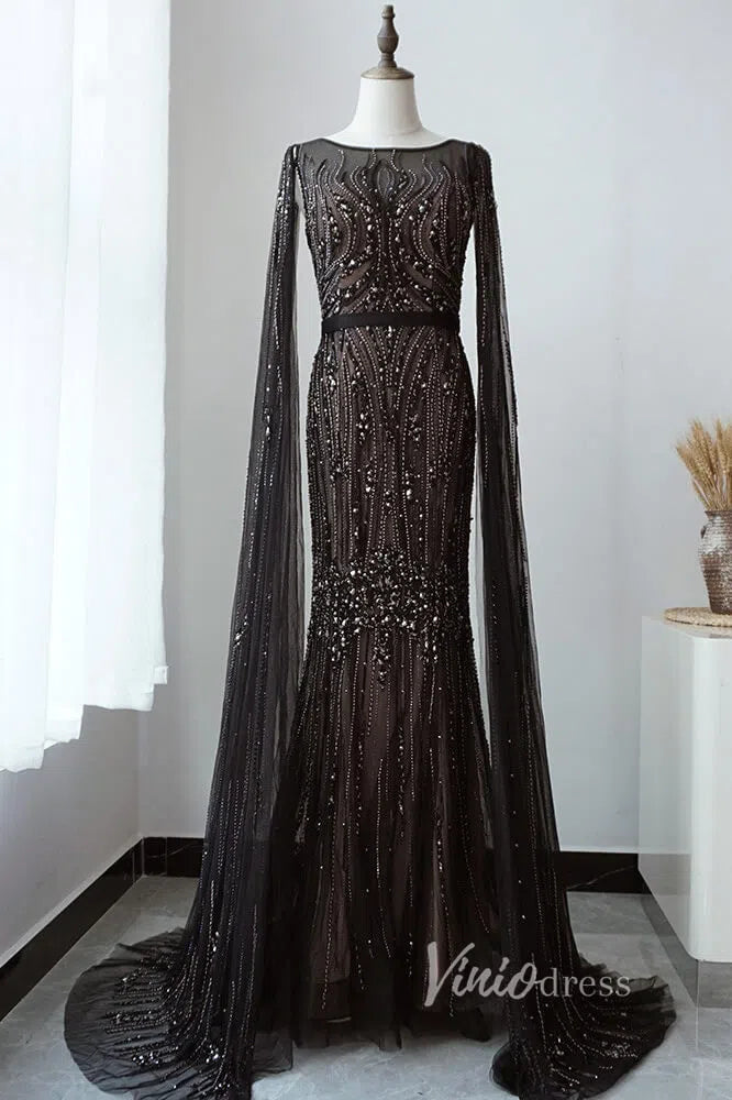 Beaded Pageant Dresses with Detachable Cape Sleeve FD1476-Evening Dresses 2025 -Viniodress-Gold-US2-