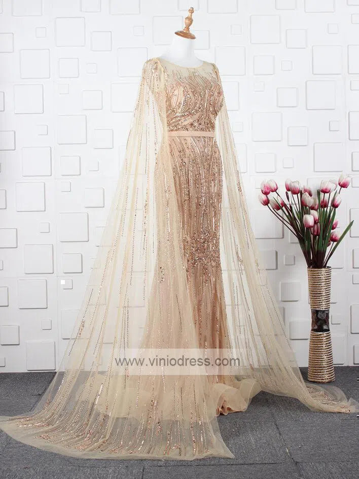 Beaded Pageant Dresses with Detachable Cape Sleeve FD1476-Evening Dresses 2025 -Viniodress-Gold-US2-