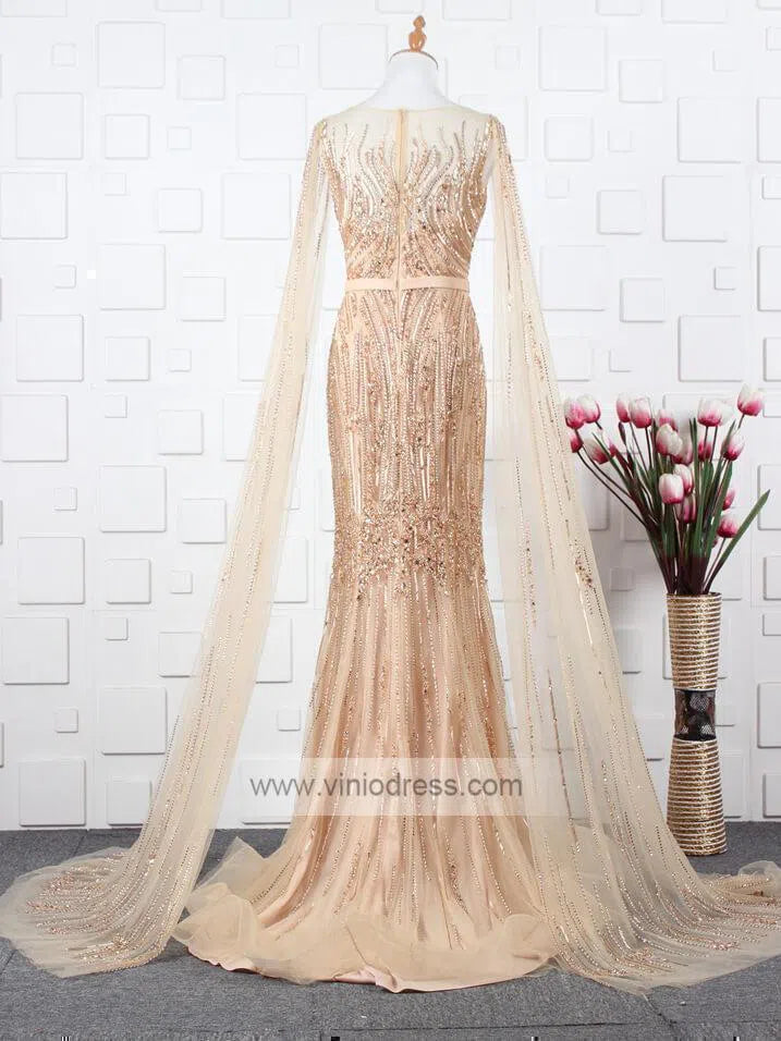 Beaded Pageant Dresses with Detachable Cape Sleeve FD1476-Evening Dresses 2025 -Viniodress-Gold-US2-