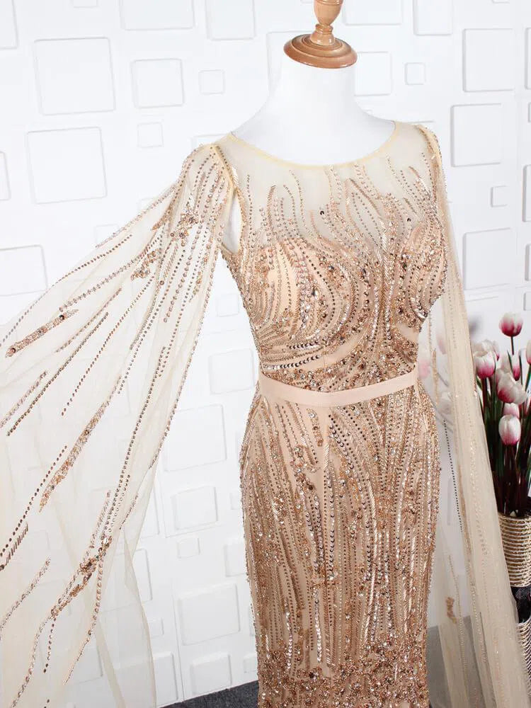 Beaded Pageant Dresses with Detachable Cape Sleeve FD1476-Evening Dresses 2025 -Viniodress-Gold-US2-