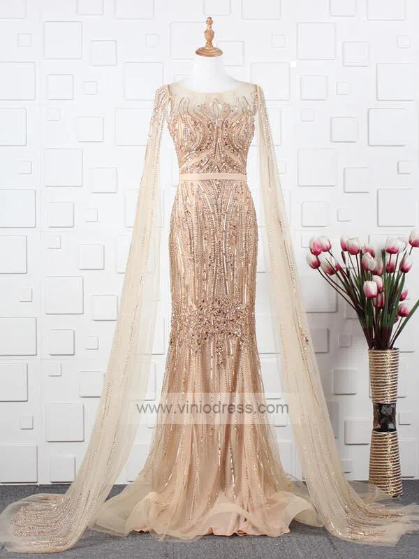Beaded Pageant Dresses with Detachable Cape Sleeve FD1476-Evening Dresses 2025 -Viniodress-Gold-US2-