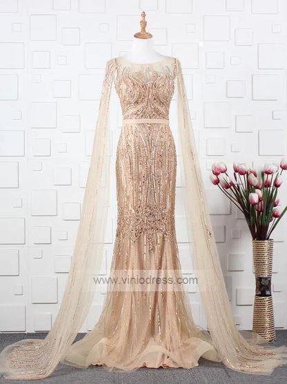 Beaded Pageant Dresses with Detachable Cape Sleeve FD1476-Evening Dresses 2025 -Viniodress-Gold-US2-