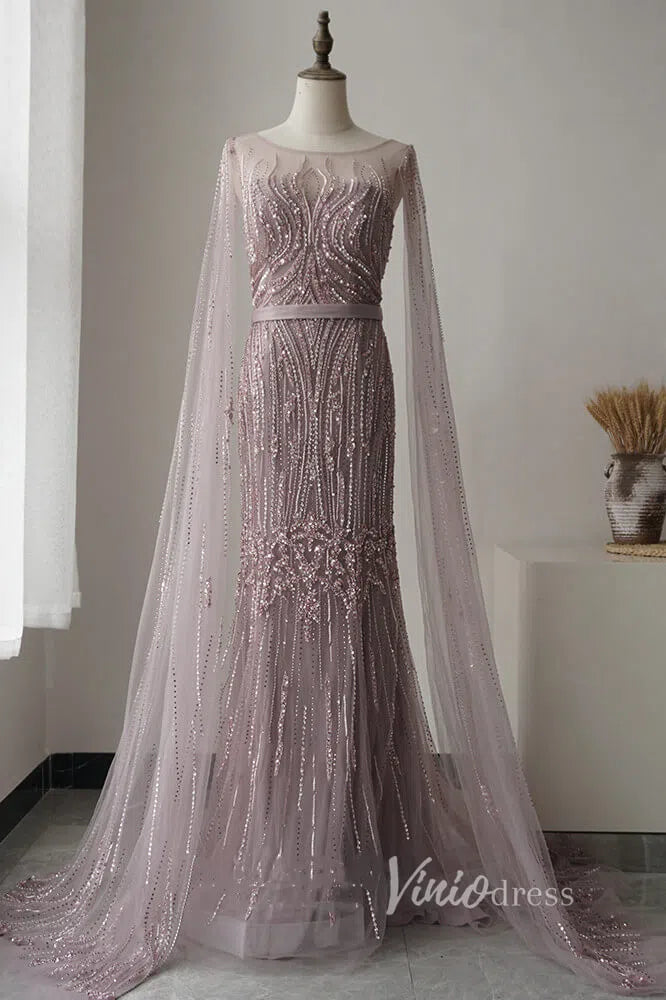 Beaded Pageant Dresses with Detachable Cape Sleeve FD1476-prom dresses-Viniodress-Viniodress