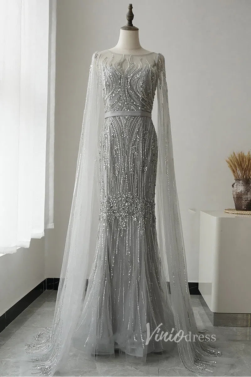 Beaded Pageant Dresses with Detachable Cape Sleeve FD1476-prom dresses-Viniodress-Viniodress