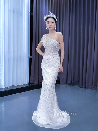 Beaded Pearl Mermaid Wedding Dresses with Removable Overskirt 222205-wedding dresses 2025 -Viniodress-Ivory-Custom Size-