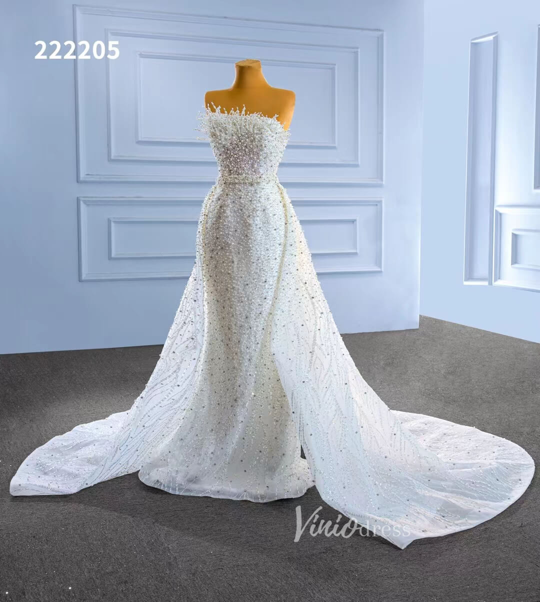 Beaded Pearl Mermaid Wedding Dresses with Removable Overskirt 222205-wedding dresses 2025 -Viniodress-Ivory-Custom Size-