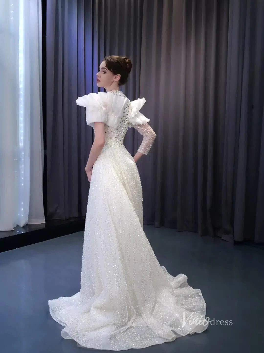 Beaded Pearl Wedding Dresses Side Skirt High Neck Long Sleeve Bridal G – Viniodress Beaded Pearl Wedding Dresses Side Skirt High Neck Long Sleeve Bridal G – Viniodress