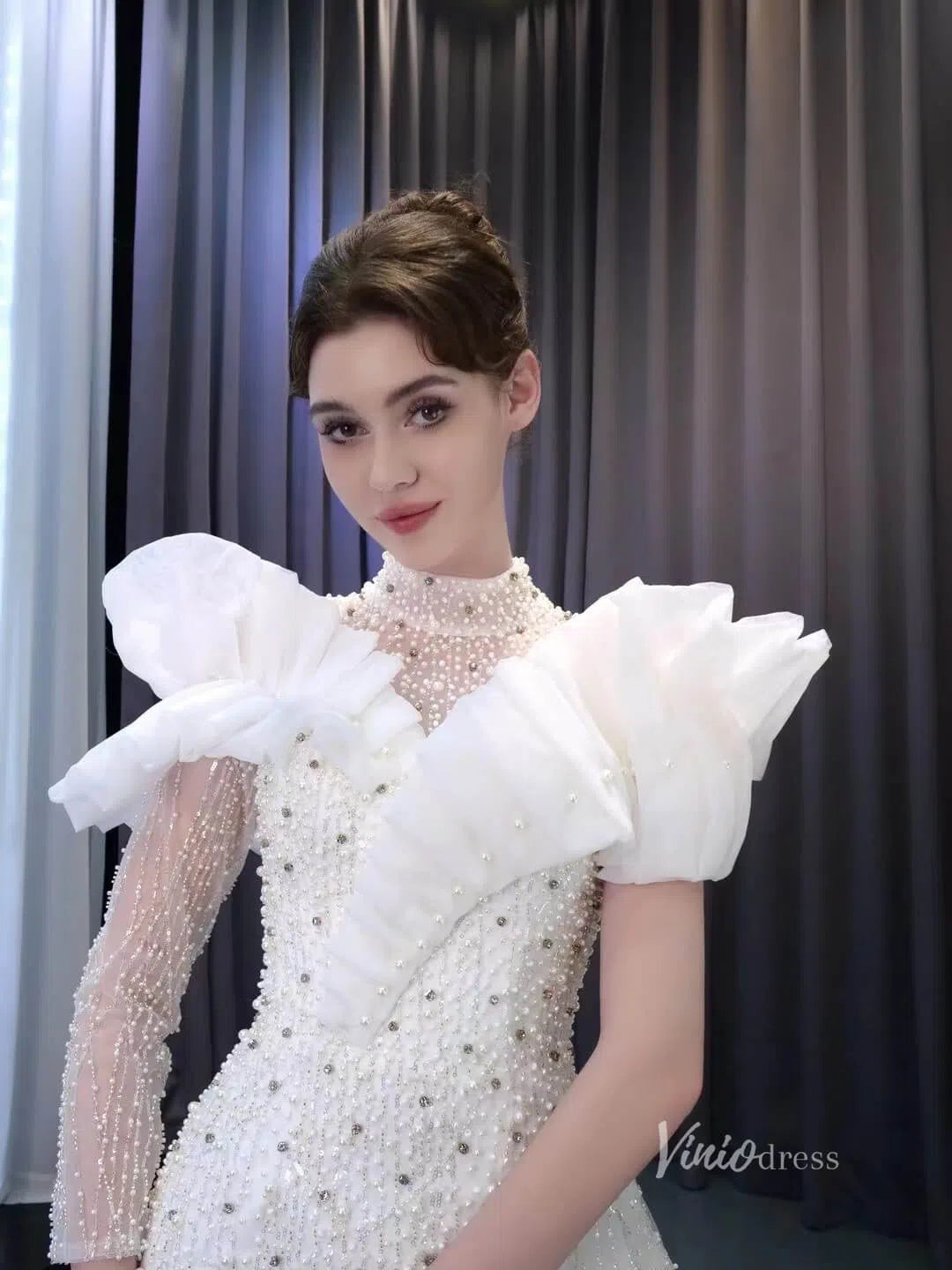 Beaded Pearl Wedding Dresses Side Skirt High Neck Long Sleeve Bridal Gown 231032-wedding dresses 2025 -Viniodress-Ivory-Custom Size-