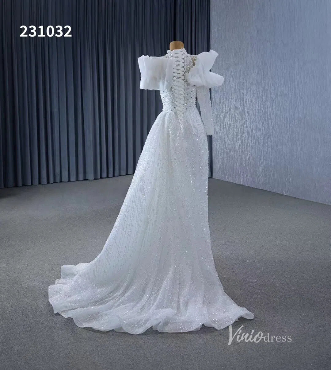 Beaded Pearl Wedding Dresses Side Skirt High Neck Long Sleeve Bridal Gown 231032-wedding dresses 2025 -Viniodress-Ivory-Custom Size-
