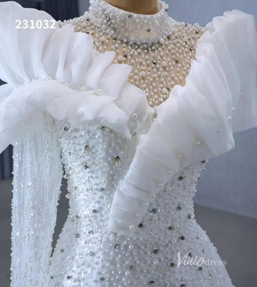 Beaded Pearl Wedding Dresses Side Skirt High Neck Long Sleeve Bridal Gown 231032-wedding dresses 2025 -Viniodress-Ivory-Custom Size-