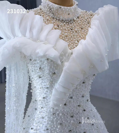 Beaded Pearl Wedding Dresses Side Skirt High Neck Long Sleeve Bridal Gown 231032-wedding dresses 2025 -Viniodress-Ivory-Custom Size-