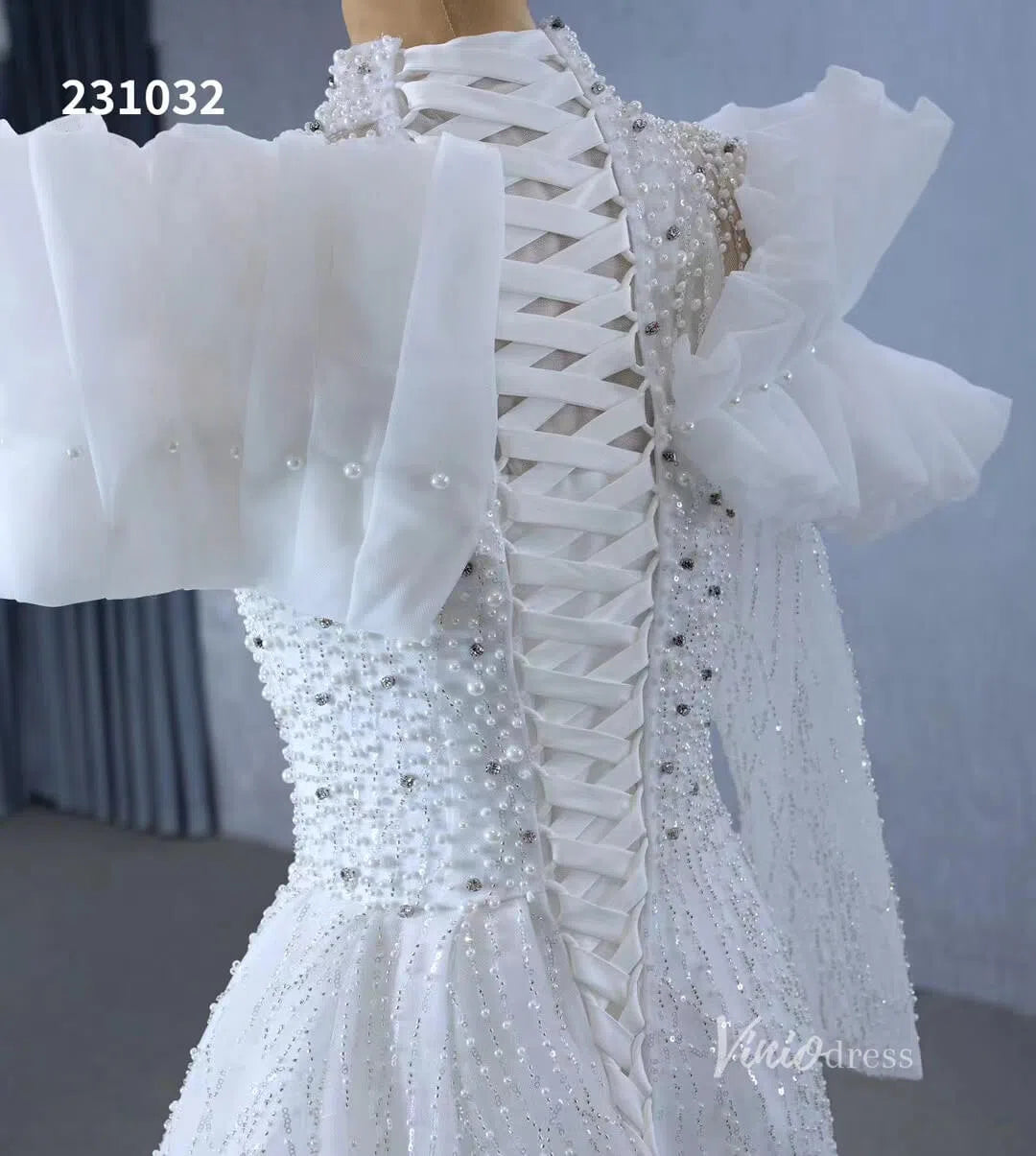 Beaded Pearl Wedding Dresses Side Skirt High Neck Long Sleeve Bridal Gown 231032-wedding dresses 2025 -Viniodress-Ivory-Custom Size-