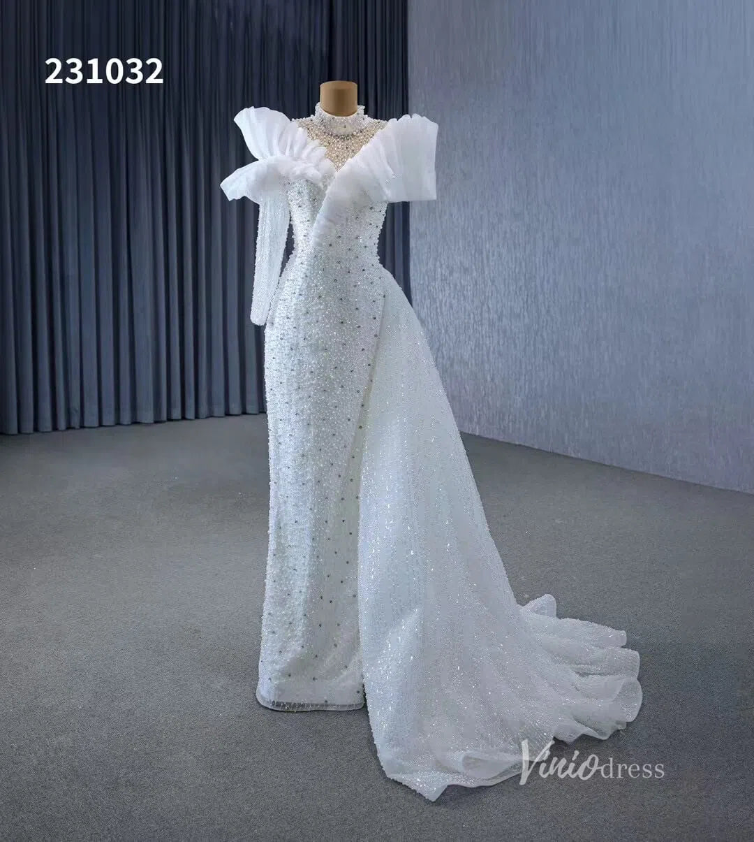 Beaded Pearl Wedding Dresses Side Skirt High Neck Long Sleeve Bridal Gown 231032-wedding dresses 2025 -Viniodress-Ivory-Custom Size-