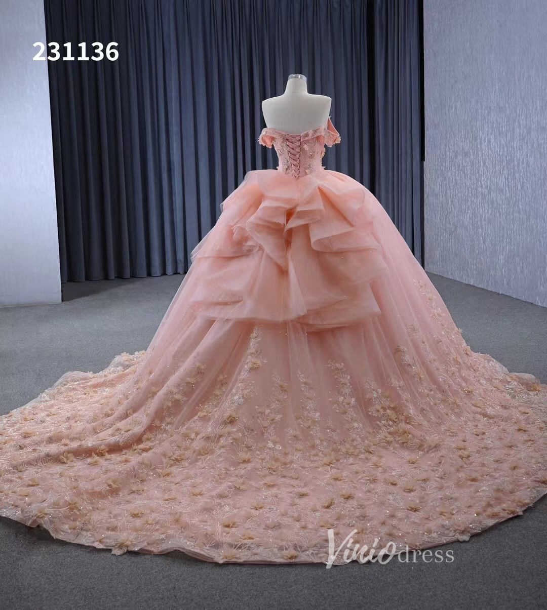 Beaded Pink Floral Ball Gown Wedding Dress,Quinceanera Sweet 16 Dresses 231136 - ViniodressQuinceanera DressesPinkCustom Size - Formal Dresses - Ball Gowns