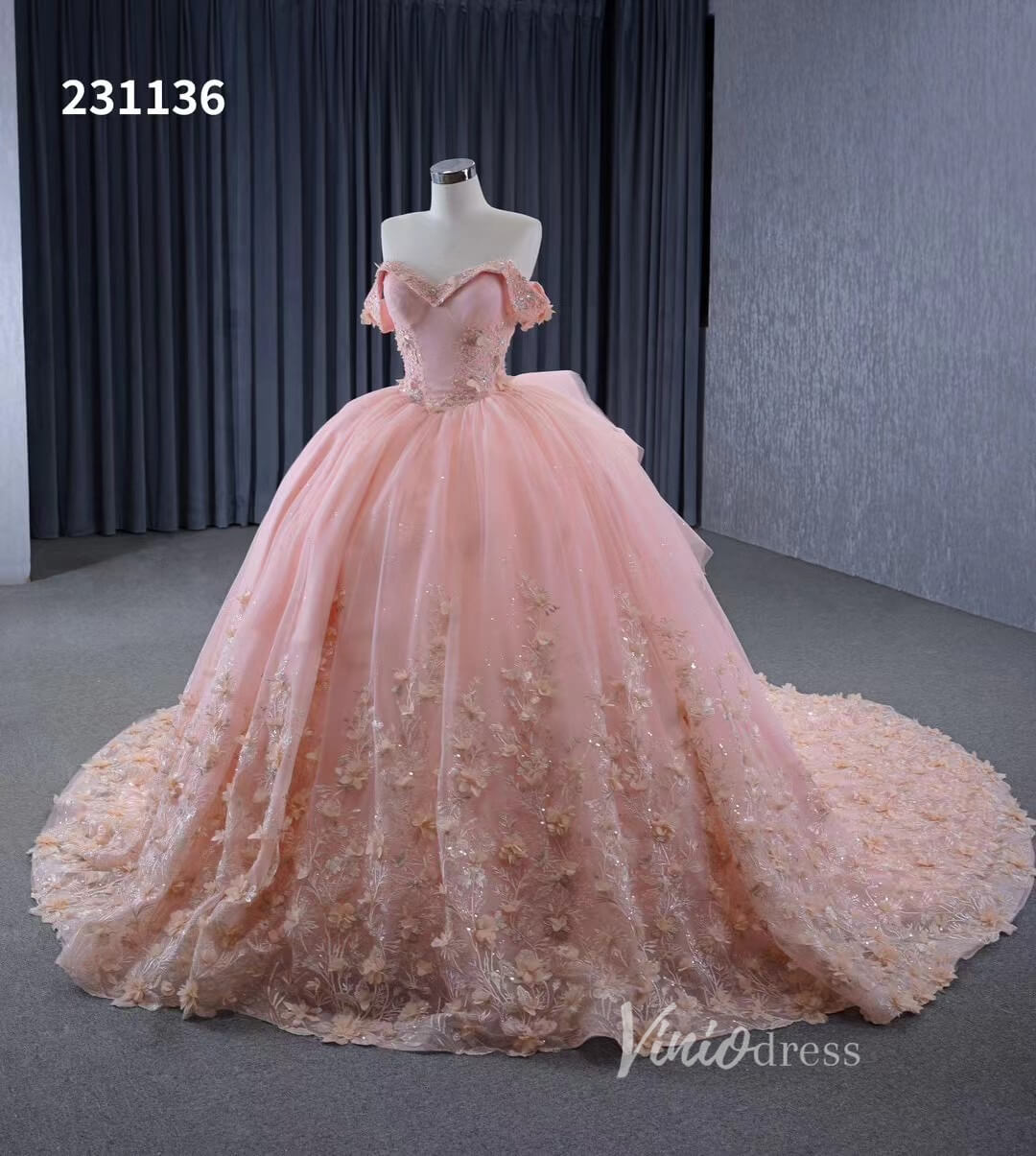 Beaded Pink Floral Ball Gown Wedding Dress,Quinceanera Sweet 16 Dresses 231136 - ViniodressQuinceanera DressesPinkCustom Size - Formal Dresses - Ball Gowns