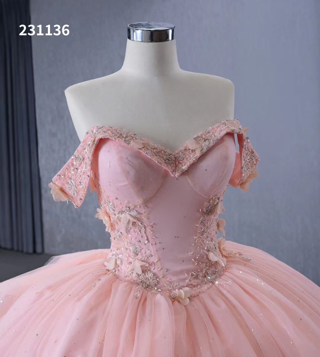 Beaded Pink Floral Ball Gown Wedding Dress,Quinceanera Sweet 16 Dresses 231136 - ViniodressQuinceanera DressesPinkCustom Size - Formal Dresses - Ball Gowns