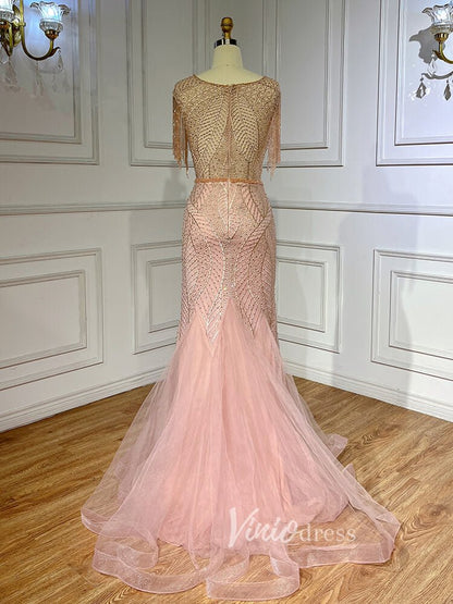 Beaded Pink Lace Mermaid Prom Dresses Red Pageant Dresses 20023-Evening Dresses 2025 -Viniodress-As Picture-US 2-